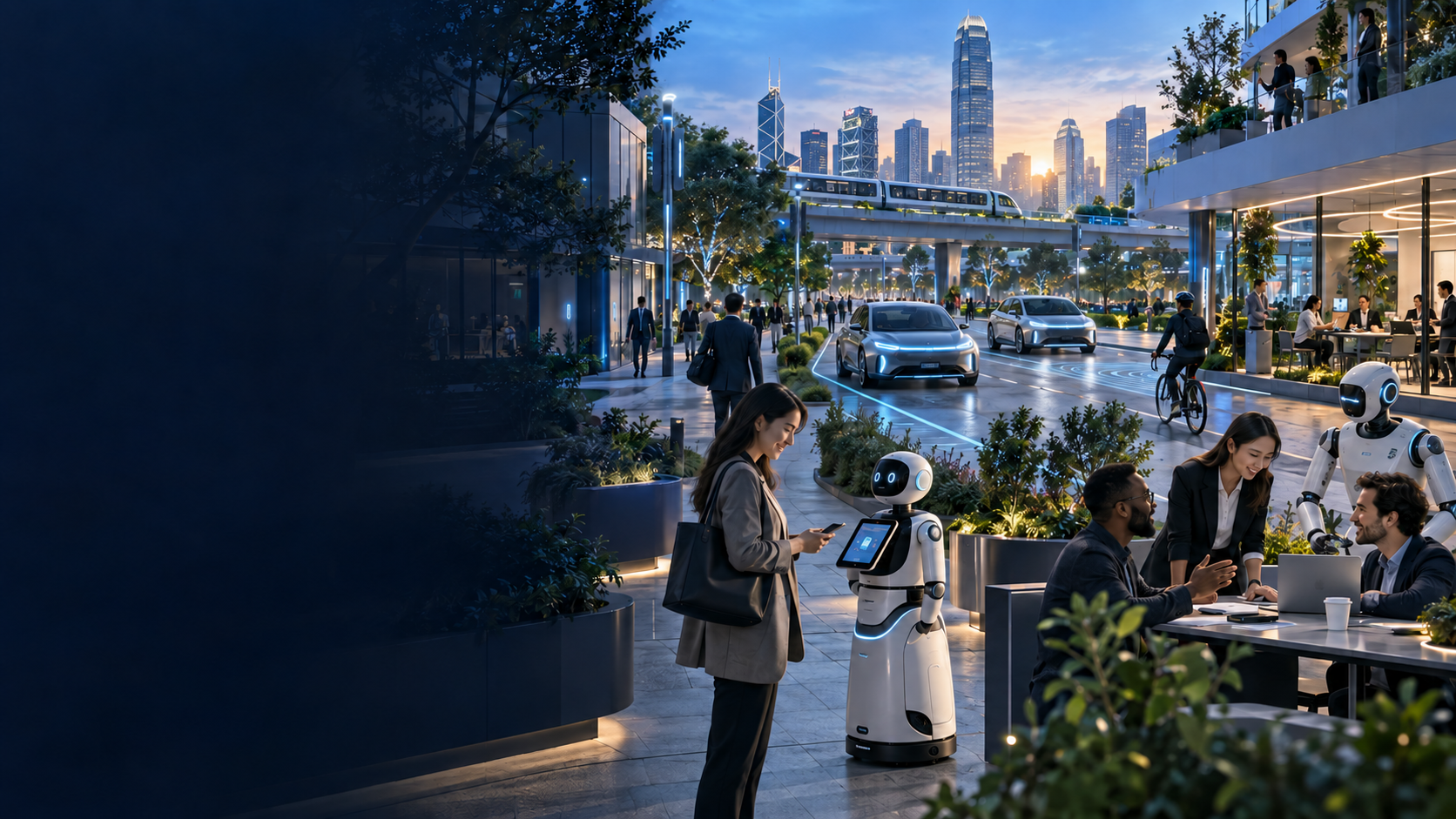 People, service robots, autonomous vehicles and connected devices in a human-centred future city with Hong Kong Central skyline behind the rail bridge